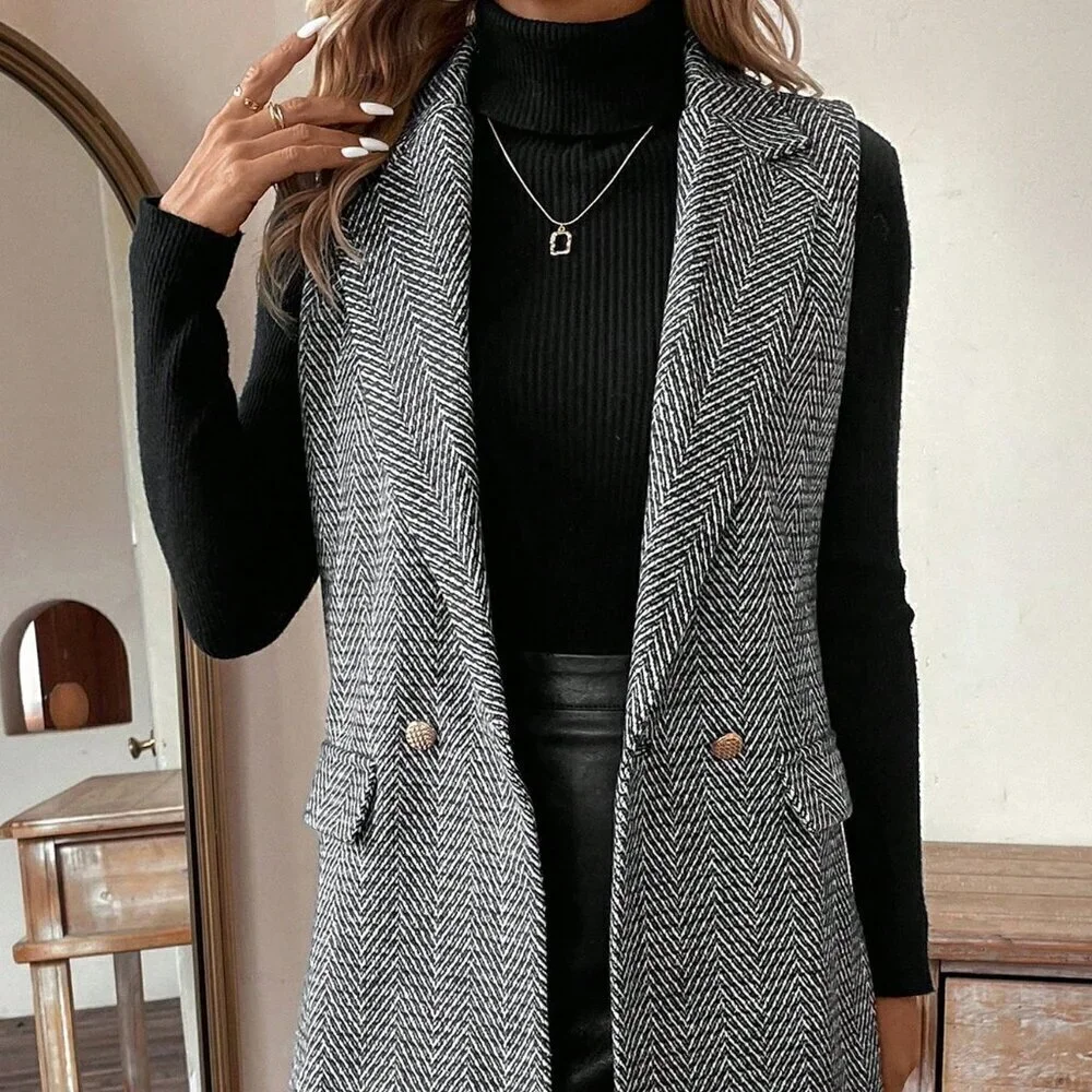 Black multicolor Elegant Women's Sleeveless Herringbone Blazer vest